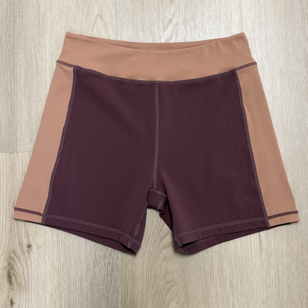 Meshki Mahogany Brown Tan Colorblock Athletic Bike Shorts Medium 4.5 Inseam